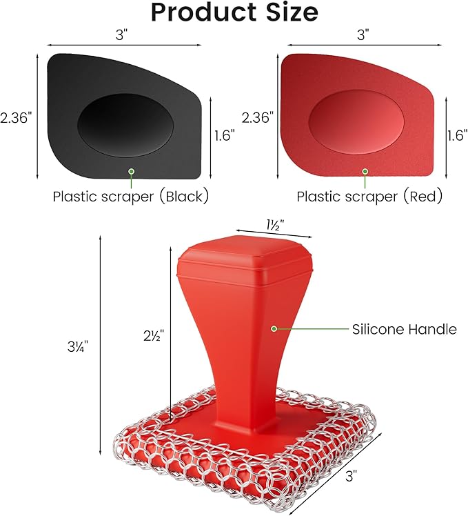 TOPULORS Cast Iron Scrubber Cleaner & 316L Stainless Steel Chainmail Scrubber with 2 Scrapers, Ergonomic Silicone Handle Brush for Pans Skillets Grills Dishes Cleaning - Non-Scratch Rust-Proof - Red