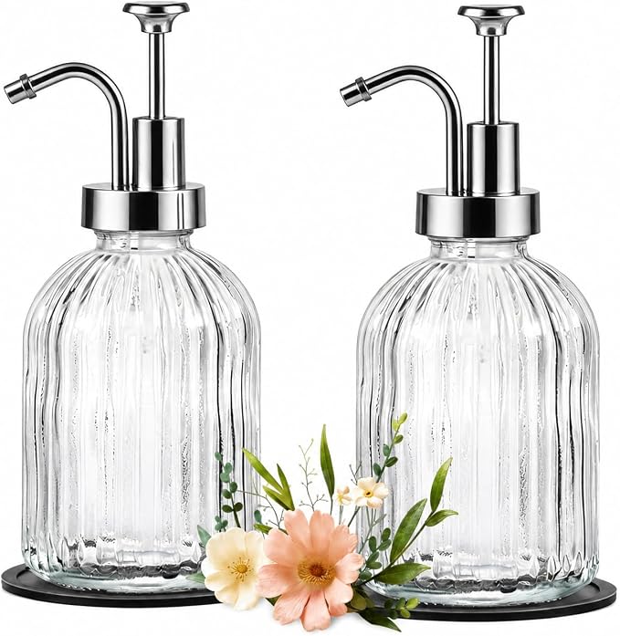 SheeChung 12oz Clear Glass Liquid Soap Dispenser, 2 Pack | Elegant Hand Soap by SheeChung