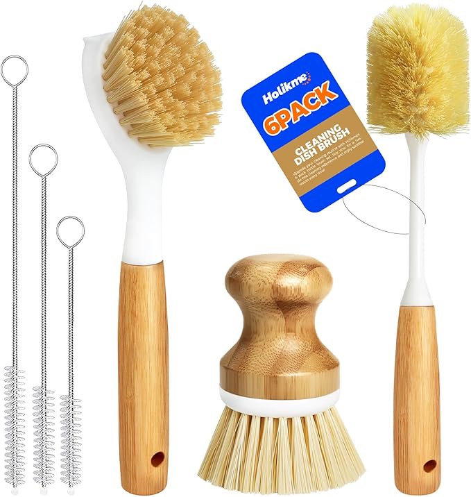 Holikme 6 Pack Dish Brush with Bottle Brush Scrub Brush Straw, Amarillo | by Holikme