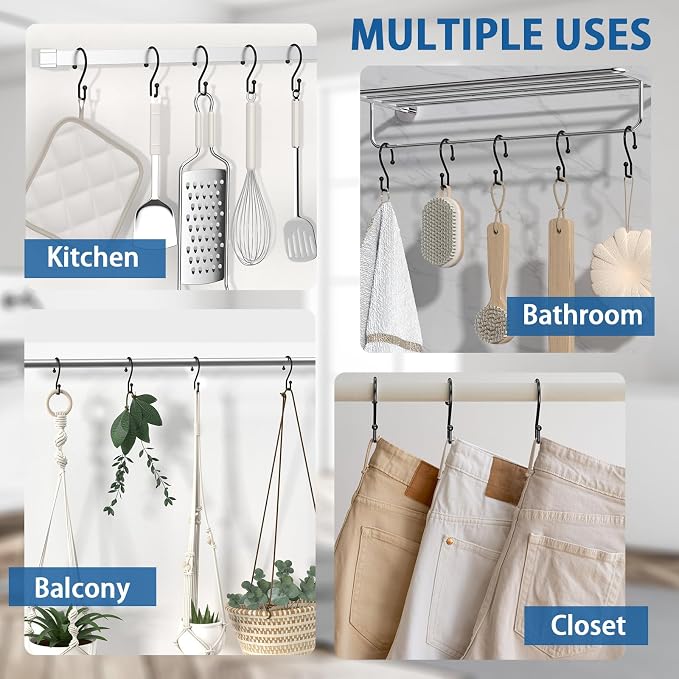 Goowin Metal Black Shower Curtain Hooks Rings, S Shape Metal Shower Curtain - Image 8