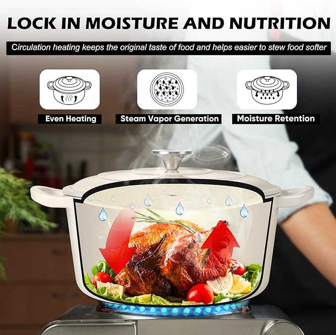 TeamFar 5Qt Dutch Oven, Enameled Cast Iron Dutch Oven with Lid & Dual Handles for Cooking Baking Braising Simmering, Healthy & Sturdy, Oven & Various Stovetops Safe, Non-stick & Easy Clean - Cream White