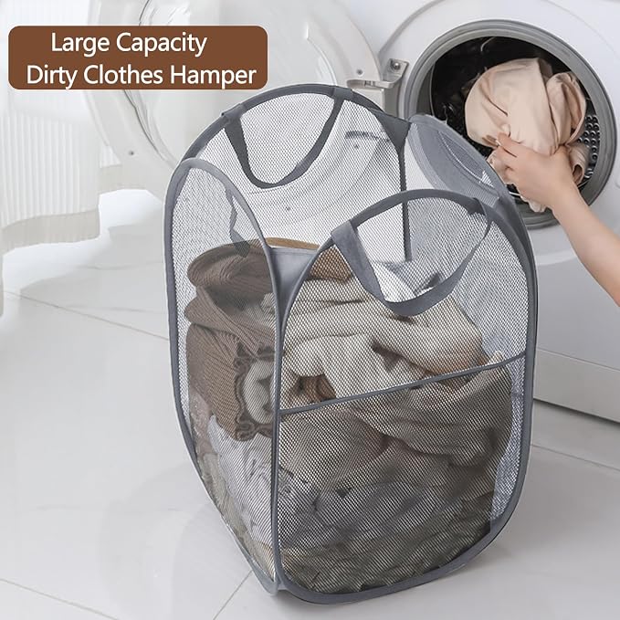 Foldable Mesh Laundry Baskets 2 Pack Large Side Pocket Strong Handle - Image 3