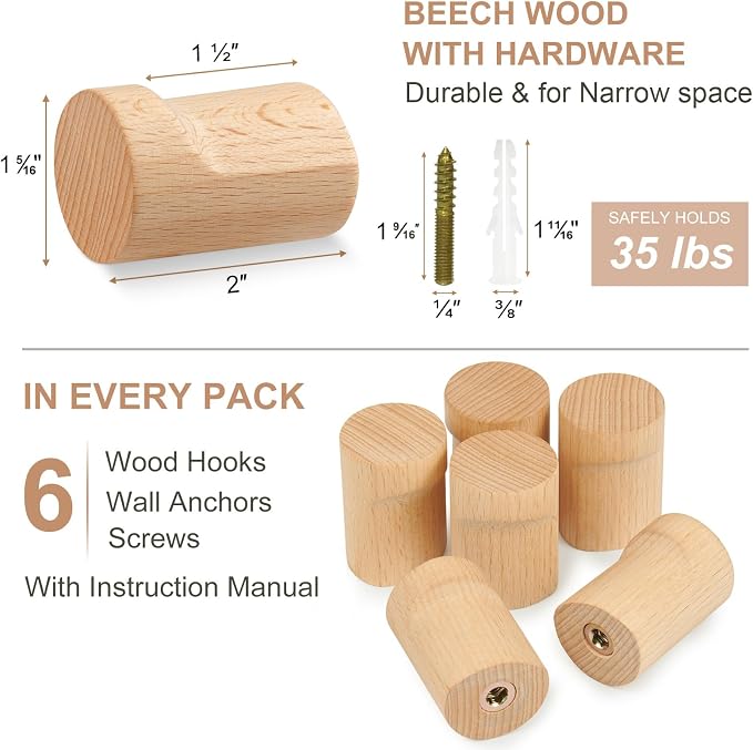 Wood Wall Hooks for Hanging, 6 Pack Rustic Coat Hooks Wall Mount, Handmade - Image 7