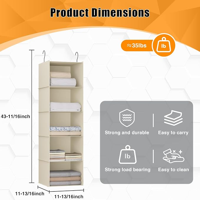 Hanging Closet Organizer 5-Shelf, Oxford Fabric Wardrobe Storage, shoes & - Image 3