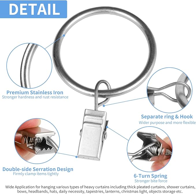 Curtain Rings with Clips, 44 Pack Metal Drapery Rings with Clips Hooks Hangers - Image 4