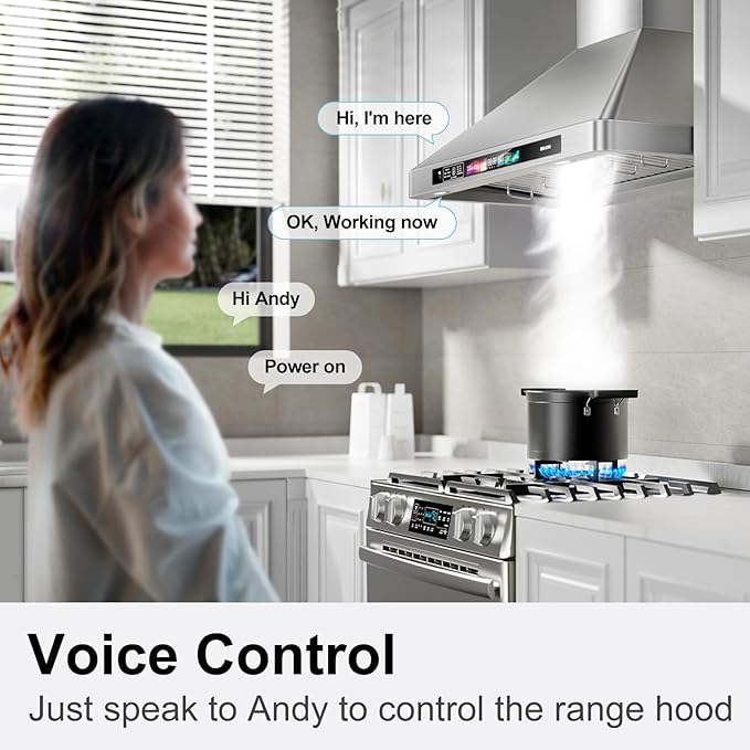 BRANO 36 Inch Wall Mount Range Hood 900 CFM with Voice/Gesture/Touch Control, Stainless Steel Vent Hood with 4 Speed, 4 Adjustable Lights, Ducted/Ductless Convertible