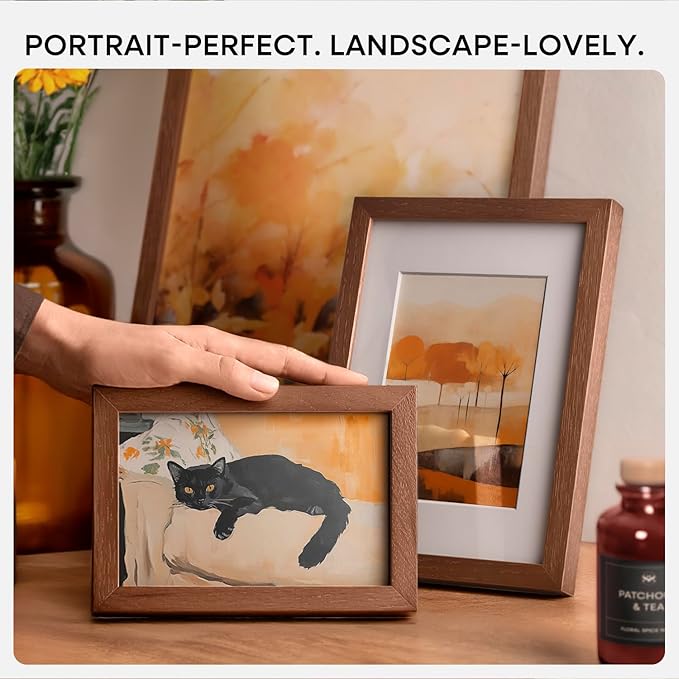 Homeforia 6x6 Picture Frame Brown, High-End Dark Oak 6 x 6 Square Brown Wood Frame with Mat 4 by 4 for Art, 6by6 Wooden Walnut Poster Frame Matted to 4x4 inch Photo, Tempered Glass, Wall Kit, Set of 3