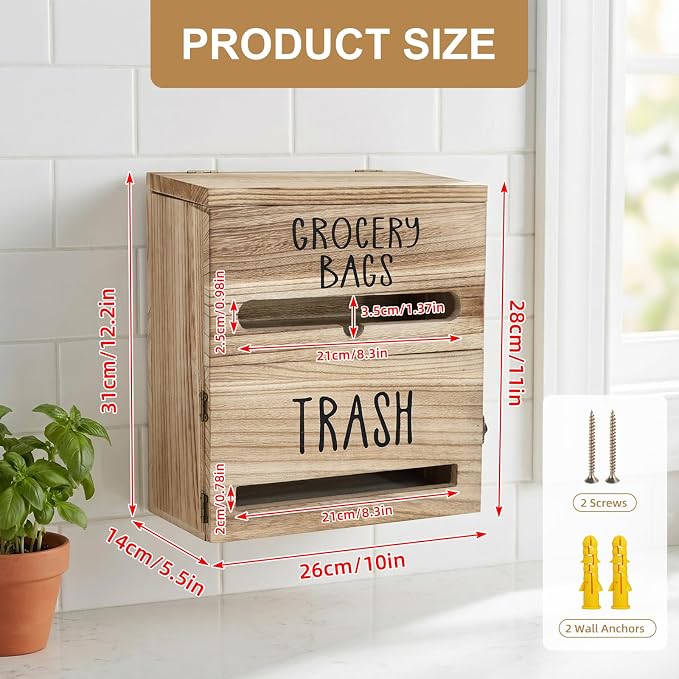 2 in 1 Trash Bag Dispenser, Double Wall Mounted, Wood Trash Bag Holder - Image 2