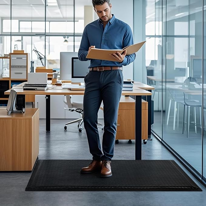 2 x 6 FT Anti Fatigue Mats Industrial 15/16 Inch Thick Soft Sponge Ergonomic Mat Durable Heavy Duty Diamond Plate for Standing Non Slip Industrial Grade Floor Mat for Leg & Back Pain(Black)