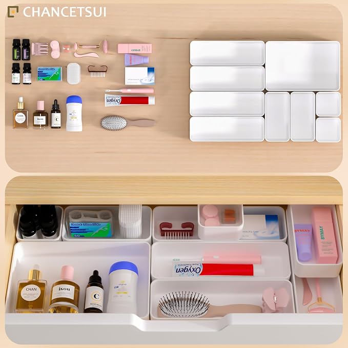 White Desk Drawer Organizer Trays: 9PC Shallow Vanity Bathroom Organizers | - Image 4