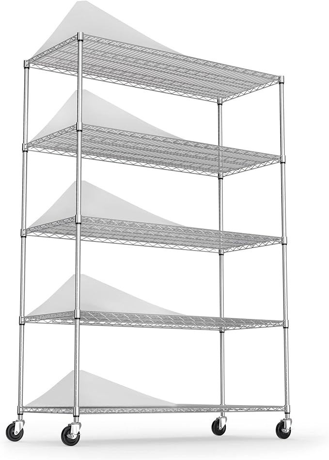 Wire Shelving Unit 5 Tier NSF Metal Shelf,6000lbs Capacity Heavy Duty Adjustable Storage Rack with Wheels & Shelf Liners for Commercial Grade Utility Steel Storage Rack, 82" H x 48" L x 24" D -Chrome
