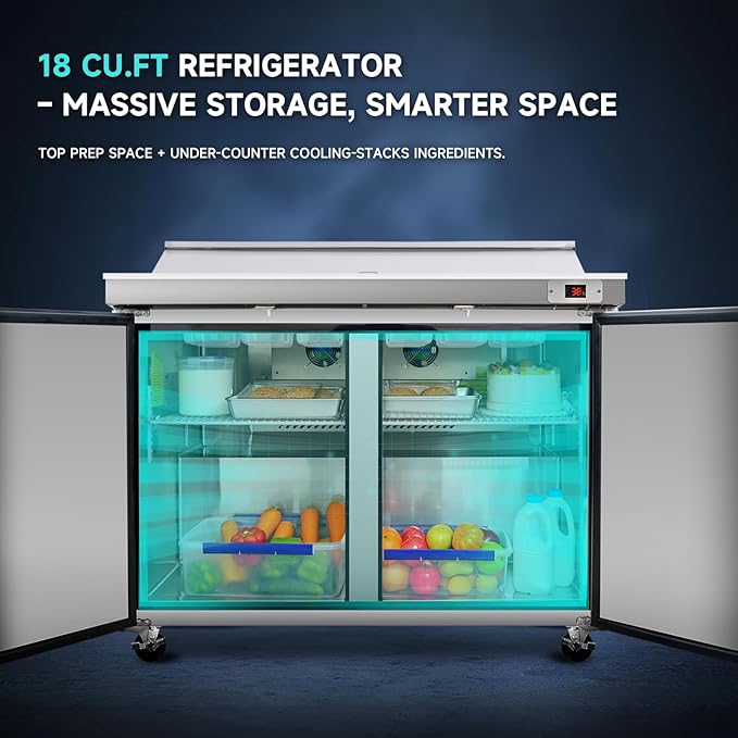 60"W Commercial Sandwich Prep Table Refrigerator - Stainless Steel Door with 16 Pans, 18 Cu.Ft Capacity, Auto Defrost, Digital Temperature Control for Restaurants, Delis, Catering & Convenience Stores