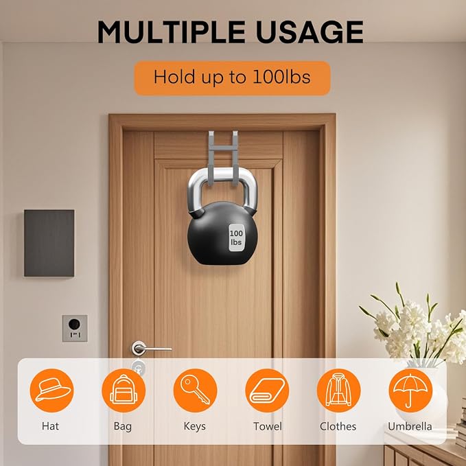 FYY Over the Door Hooks, Double-Hanger 4 Pack, Fits Doors 1 3/8" Grey | Heavy - Image 4