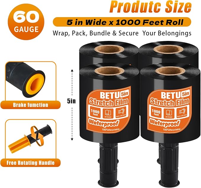 Black Stretch Film Shrink Wrap for Moving Supplies x 1000ft, Industrial - Image 2