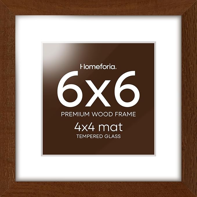 Homeforia 6x6 Picture Frame Brown, High-End Dark Oak 6 x 6 Square Brown Wood Frame with Mat 4 by 4 for Art, 6by6 Wooden Walnut Poster Frame Matted to 4x4 inch Photo, Tempered Glass, Wall Kit, Set of 1