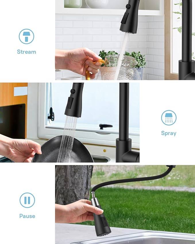 WEWE Kitchen Faucets with Pull Down Sprayer, Stainless Steel Single Handle 1 Hole for Family Kitchen Commercial Camper Laundry Rv Bar, Matte Black