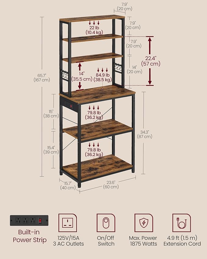 VASAGLE Bakers Rack with Power Outlet, 23.6 Inches Coffee Bar for Kitchen with Storage, 6-Tier Kitchen Shelves with 6 Hooks, Microwave Stand, Industrial, Rustic Brown and Ink Black UKKS124K03