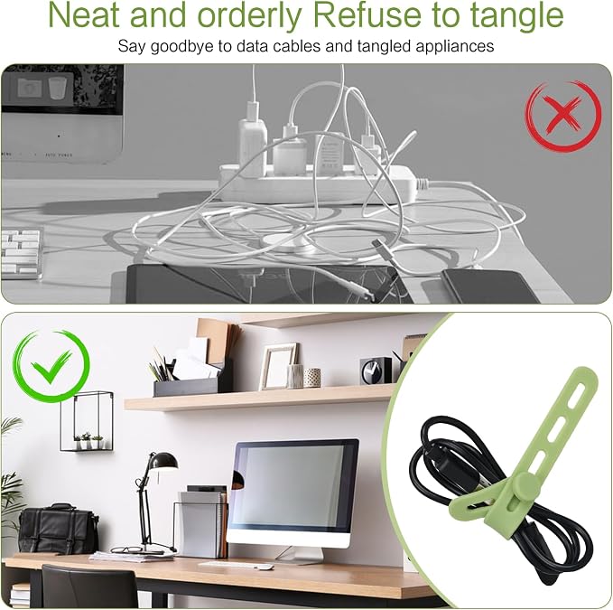 Donruby 24Pcs Silicone Cable Ties, Reusable Cord Organizer Straps, Matcha | - Image 7