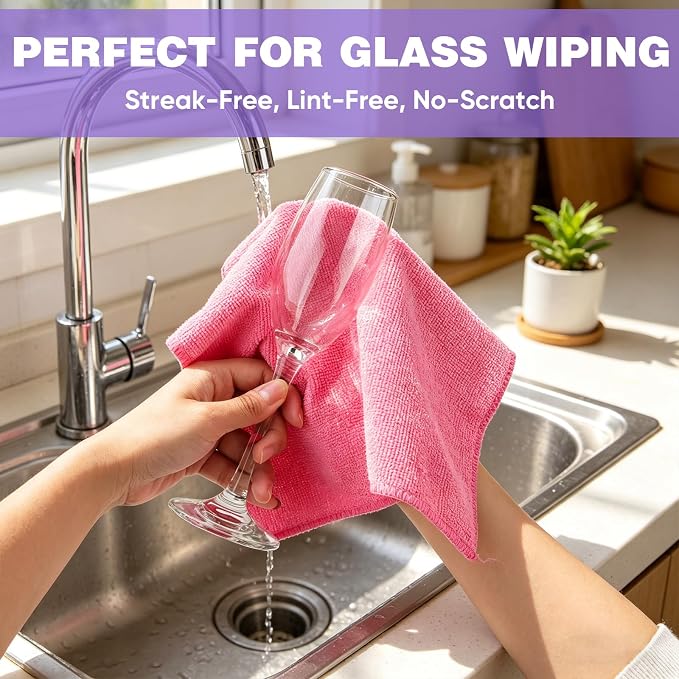 TEAWOO 10 PCS Pink Microfiber Cleaning Cloths, Car Towels, Kitchen Towels - Image 4