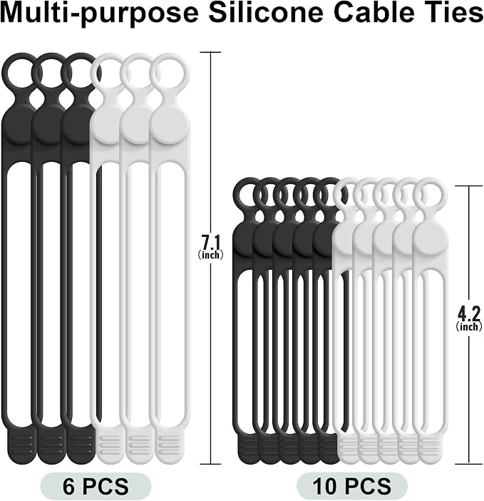 16Pcs Silicone Cable Ties, Cord Organizer Cable Management-2Sizes | Reusable - Image 6