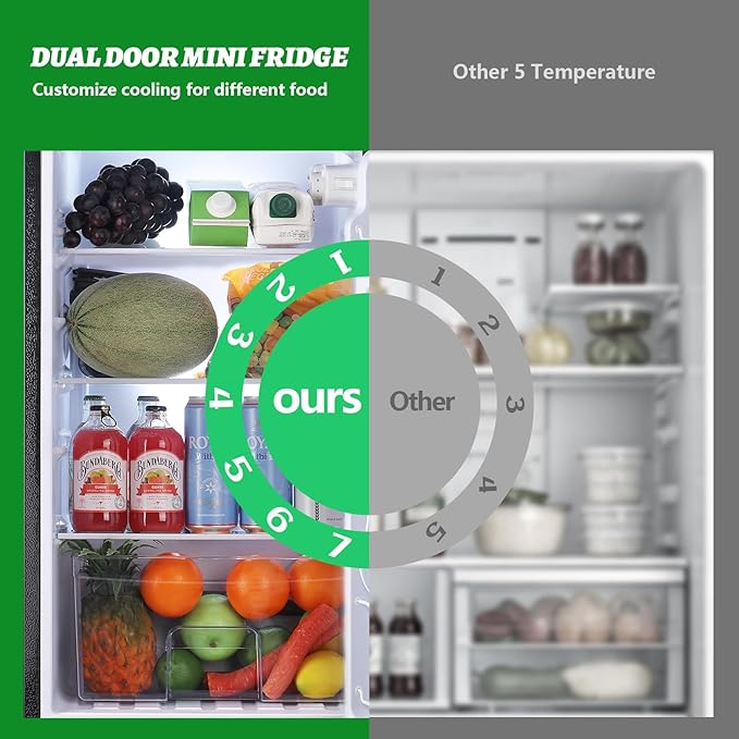 DEMULELR 4.5Cu.ft Refrigerator with Freezer Two Door Fridge with Removable Glass Shelves, Crisper Drawer & Extra Drink Space, LED Light, Apartment Size Fridge for Dorm Silver