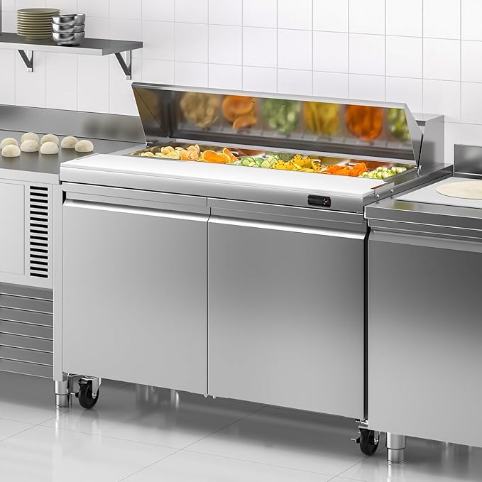 48" W Commercial Sandwich Prep Table Refrigerator, 13.8 Cu.ft Commercial Salad Bar with 12 Pans, Stainless Steel Refrigerated Sandwich Prep Table 2 Solid Door for Restaurant, Bar, Shop, etc.