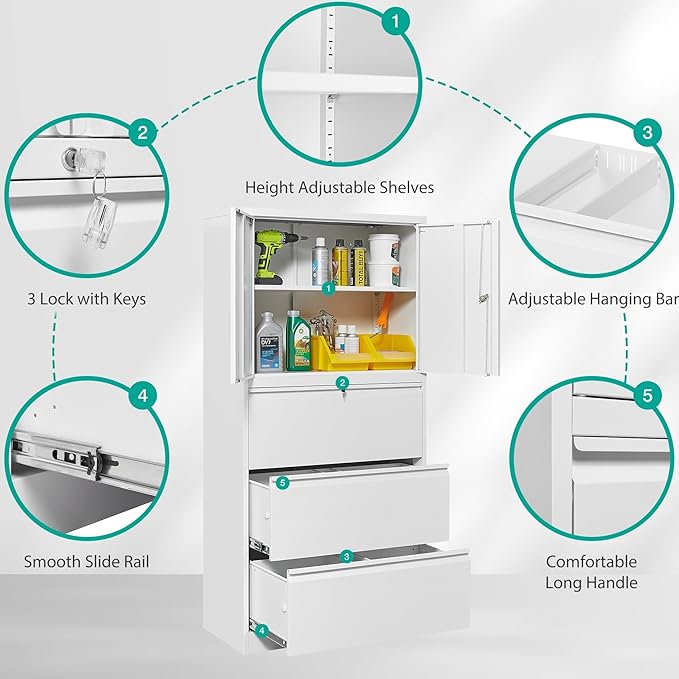 SISESOL 3 Drawer Lateral File Cabinet with Lock and Shelf,White Metal Filling Cabinet with Drawers and Shelf, Locking File Storage Cabinets with Doors and Shelves for Home,Office,Garage,School