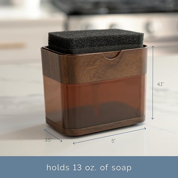 S&T INC. Dish Soap Dispenser and Sponge Holder, Plastic Walnut and Amber | - Image 4