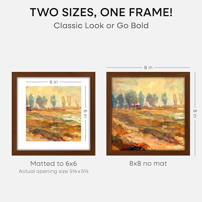 Homeforia 8x8 Picture Frame Brown, High-End Dark Oak 8 x 8 Square Brown Wood Frame with Mat 6 by 6 for Art, 8by8 Wooden Walnut Poster Frame Matted to 6x6 inch Photo, Tempered Glass, Wall Kit, Set of 2