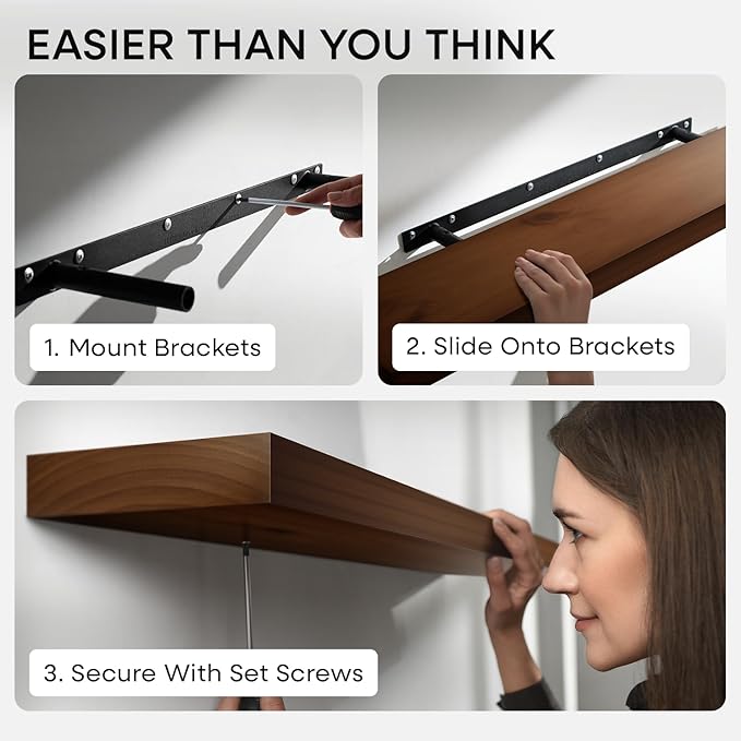 Homeforia Walnut 60 inch Floating Shelf, High End Solid Real Wood 60inch Long Floating Shelf for Wall, Dark Brown Wooden 60in Large Floating Shelves, Heavy Duty Bracket, 60 X 6.5 X 1.75 inch, Set of 3