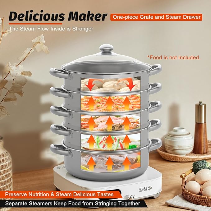 5 Tier Stainless Steel Steamer Cooker, 30cm Steam Pot Kitchen Food Cooking + Glass Lid Meat Vegetable Cooking Steam Pot Kitchen Cookware Food Steamer for Home Kitchen