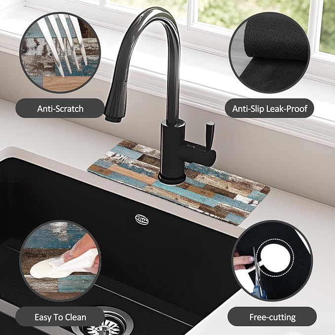 2PCS 15" X 5.5" Kitchen Sink Splash Guard Faucet Mat Wood Grain Super Absorbent - Image 6