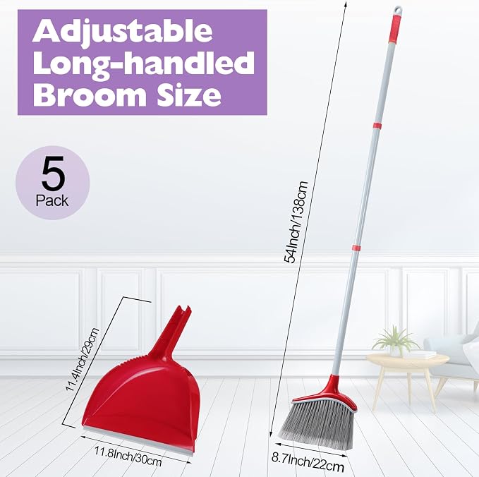 5 Pcs Broom and Dustpan Set, 54 Inch Indoor Angle Broom | Kitchen Cleaning - Image 2