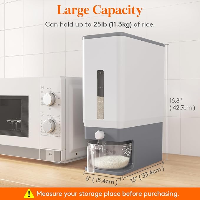 Lifewit Rice Dispenser 25 Lbs(11.3kg), Rice Storage Container Sealed Moisture Proof with Measuring Cup for Kitchen Pantry Household, BPA-Free, 1 Pack Grey