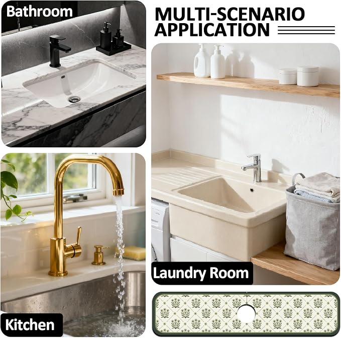 2 Pcs Kitchen Sink Splash Guard Faucet Mat Green Flowers Faucet Mats - Image 7