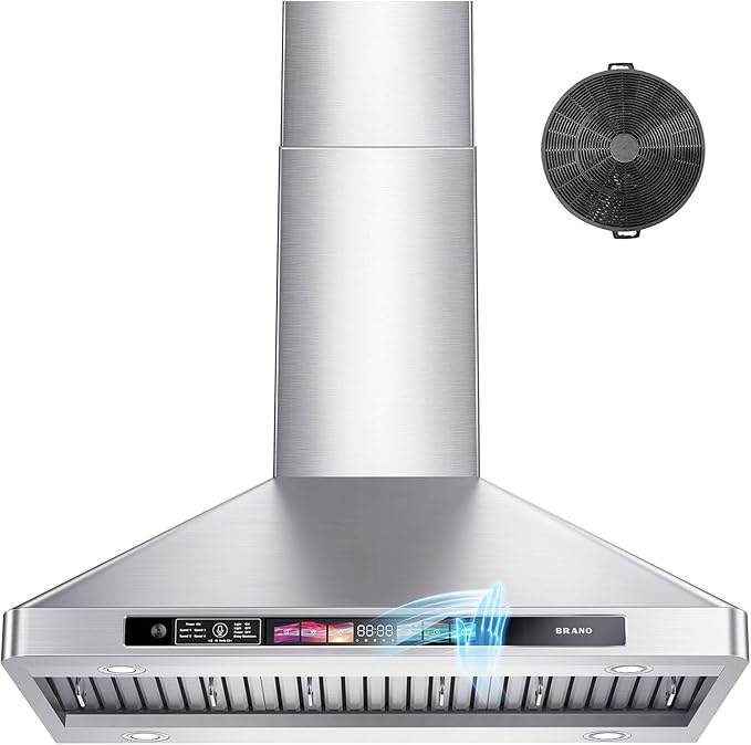 BRANO 30 Inch Wall Mount Range Hood 900 CFM with Voice/Gesture/Touch Control, Stainless Steel Vent Hood with 4 Speed, 4 Adjustable Lights, Ducted/Ductless Convertible