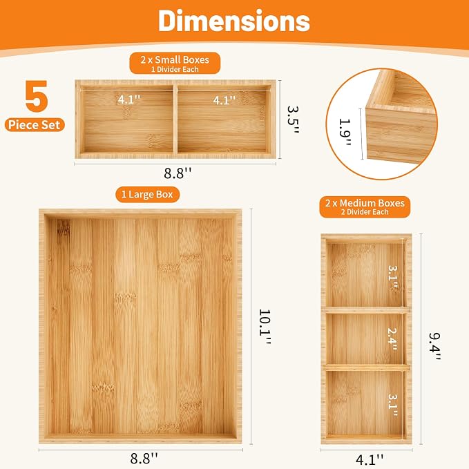 Bamboo Drawer Organizer, 5-Piece Stackable Trays - Image 2