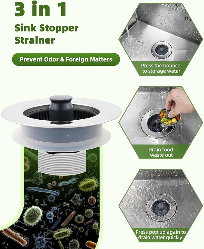 Universal Kitchen Sink Strainer Stopper Combo, 3 in 1 Pop Up - Image 3