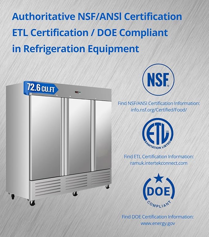 81" W Commercial Freezer, ETL Certified 72.6 Cu.ft Stainless Steel Reach-in Upright Freezer,Auto Defrost,Fan Cooling,Digital Temperature Control (-10°F - 10°F) Used to Restaurant,Bar,Shop