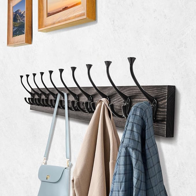 IBosins Vintage Wall Mounted Coat Rack, 10 Rustic Coat Hooks Rail - Image 3