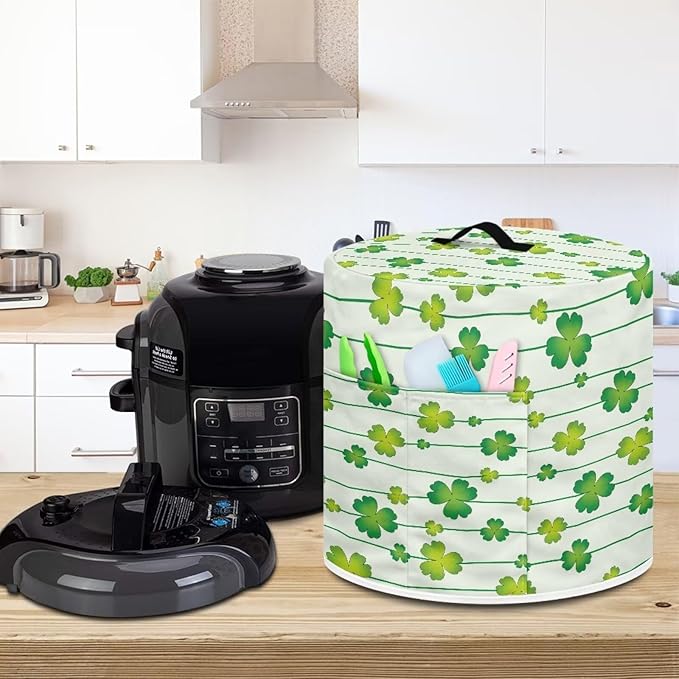 Xoenoiee Green Shamrock Stripes Print Kitchen Appliance Dust Cover with Pockets, Electric Pressure Cooker Cover Compatible with Crock Pot for St.Patrick's Day Decor, Rice Cooker Covers, for 3 Qt