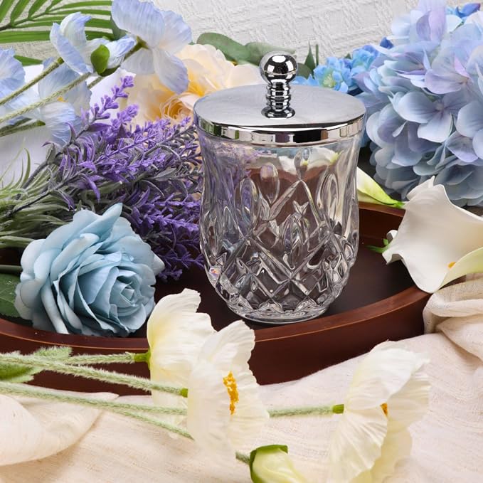 10Oz Clear Q-Tip Holder, Round Thick Glass & Metal Lid - Image 4