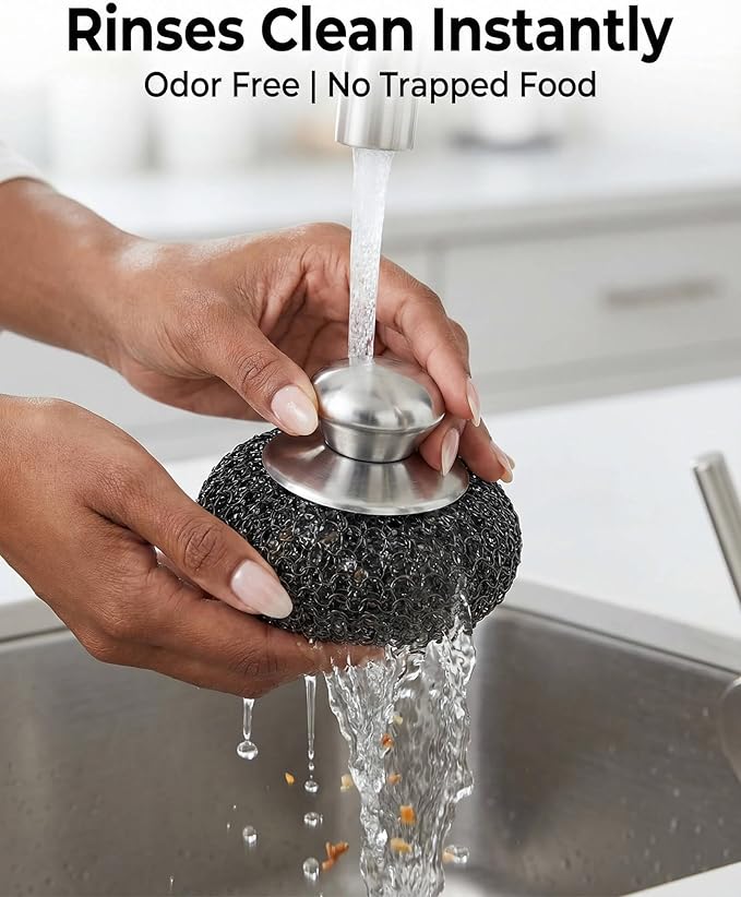 5 Pcs Steel Wool Scrubbers - Premium 304 Stainless Steel Metal Sponges for Cast Iron Skillets, Grill & Kitchen Pots - Rust Resistant, Non-Splintering Heavy Duty Scouring Pads for Tough Grease