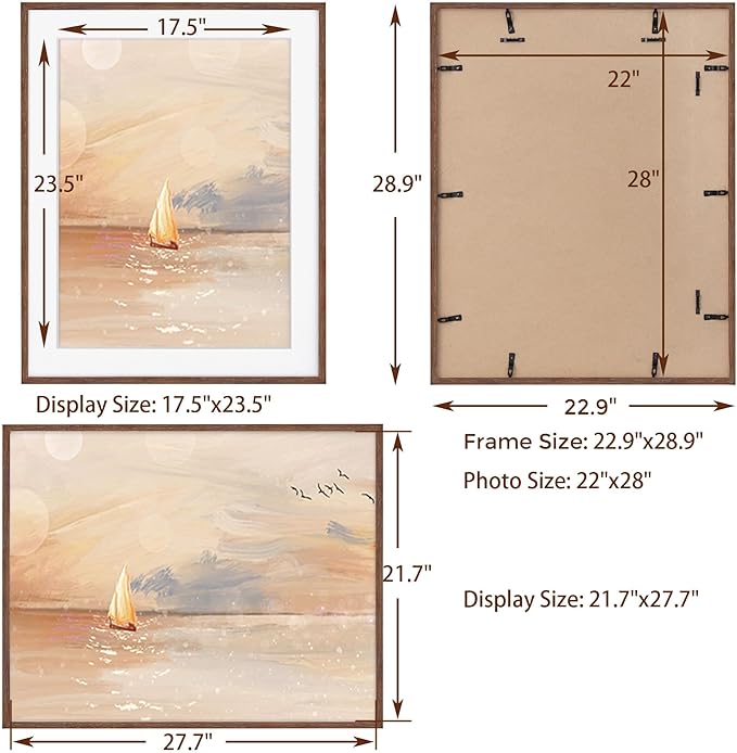 Fun Memories Oak Wood Picture Frame 22x28, 22 x 28 Poster Frame for Wall, 22"x28" Wood Frames Photo Frames in Walnut, Tempered Real Glass, 22x28 Frame with Mat for 18x24 (Walnut, 2 Pack)