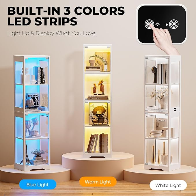 Glass Display Cabinet, 4-Tier Curio Cabinets with 3 Color Lights for Collectibles, Storage Cabinet with Door, Glass Display Case & Bookcase with Human Body Sensor, White