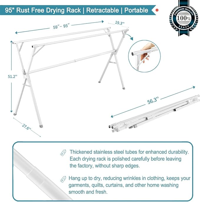 95 Inches Clothes Drying Rack, Drying Rack Clothing Folding Indoor Outdoor - Image 3