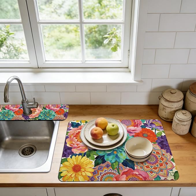 3 Pcs 2 Size Kitchen Sink Splash Guard Faucet Mat Datura Flowers Pattern Faucet - Image 5