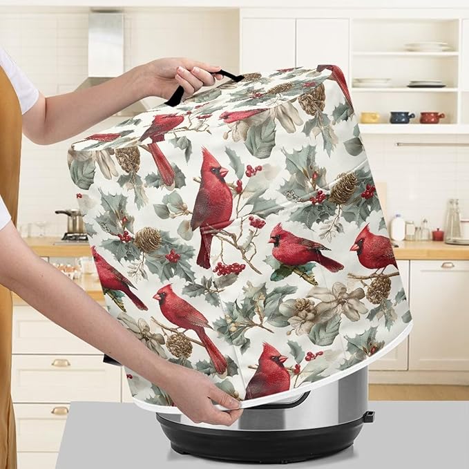 8 Quart Pressure Cooker Dust & Stains Protector Cover Round Bag with Top Handle and Storage Pocket Kitchen Appliance Decoration Christmas Cardinal Bird Print