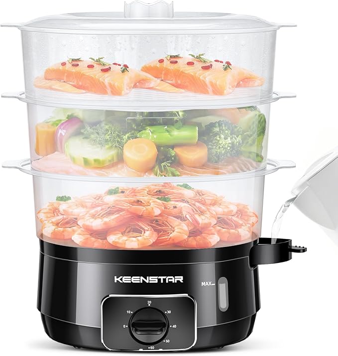 Electric Food Steamer for Cooking, 13.7QT Vegetable Steamer with 3 Tiers BPA-Free Baskets, 800W Fast Simultaneous Cooking, 60-Minute Timer, Ideal for Veggies Seafood Rice