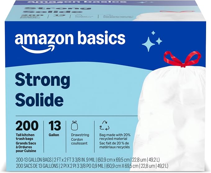 Amazon Basics Trash Bags, Tall Kitchen Drawstring, 13 Gallon, Packaging May Vary by AmazonBasics